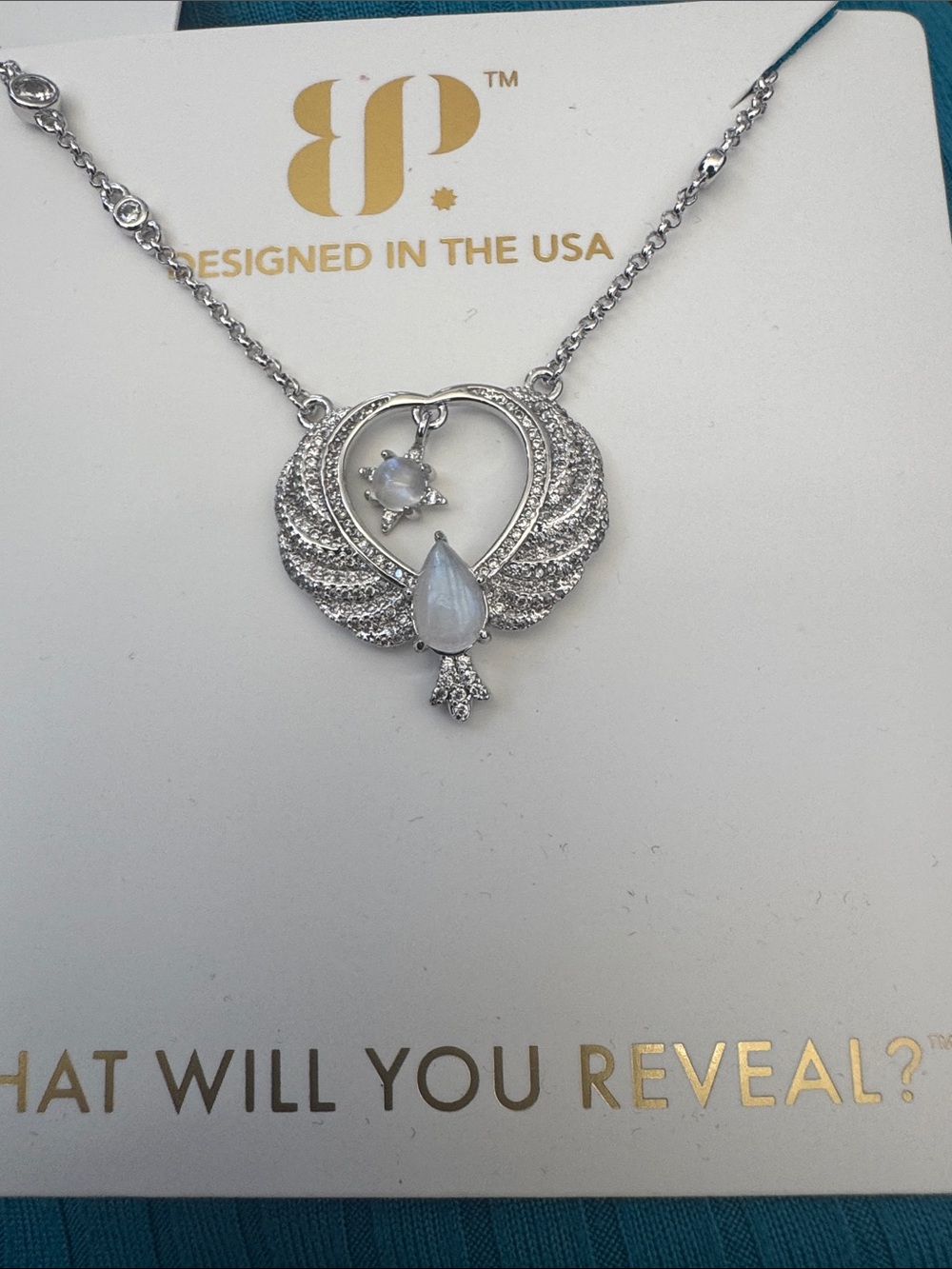 bp Silver-Tone Heart Necklace with Moonstone and Crystal Accents